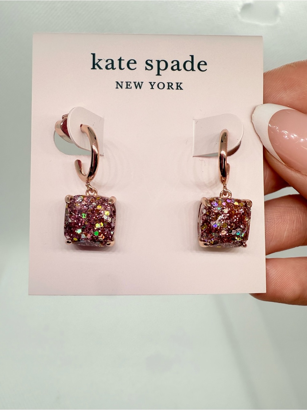 kate spade Rose Gold Pink Glitter Square Drop Earrings